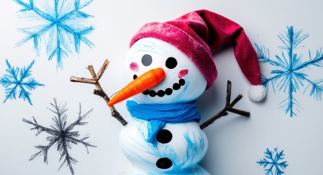 Winter Wonderland. Handcrafted Snowman with Festive Hat and Drawn Snowflakes. photo
