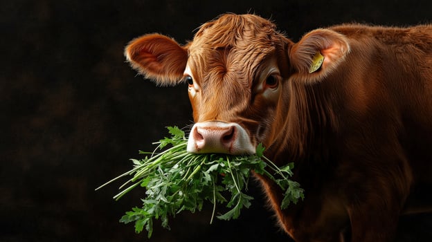 A cow eating grass in a dark room photo