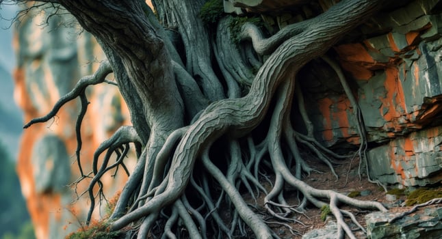 A tree with roots growing out of the rock photo
