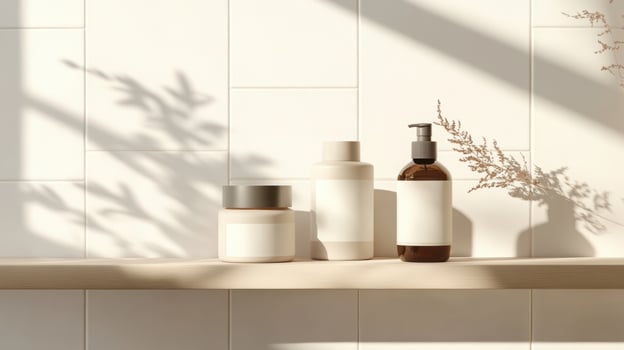 Minimalist bathroom shelf featuring elegant shadow play on white tiles and stylish skincare bottles in a serene natural setting at sunrise. Spa accessory composition set in spa hotel photo