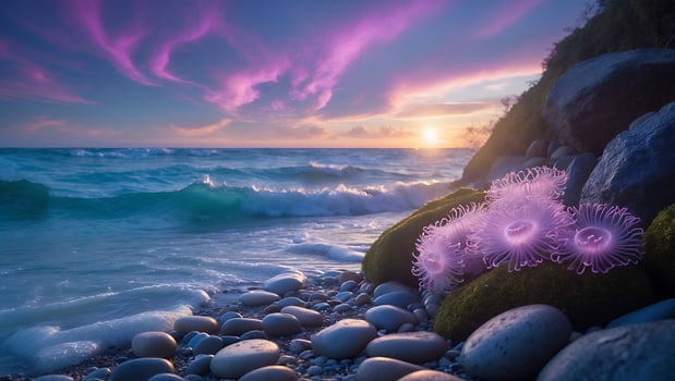 Waves Crashing on Rocky Shore at Sunset with Violet Sky photo