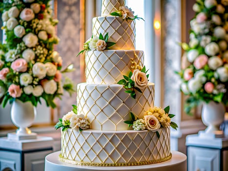 Luxurious Tiered Wedding Cake with Romantic Floral Accents. Delicious food background photo