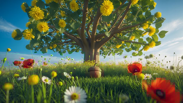 Lush Meadow with Flowering Tree and Colorful Wildflowers in Spring photo
