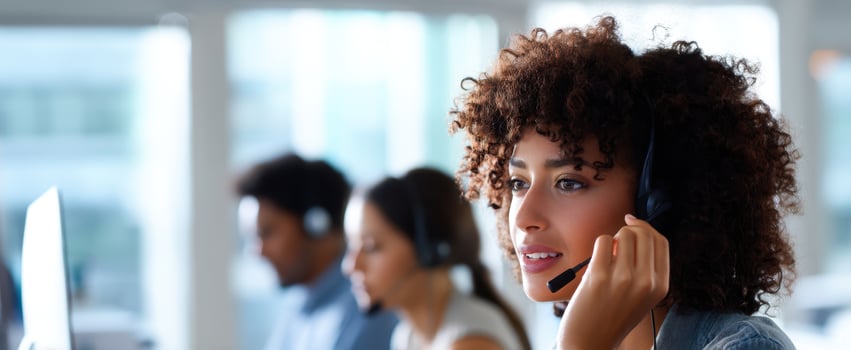 The focused customer service representative assisting clients in a modern call center. photo