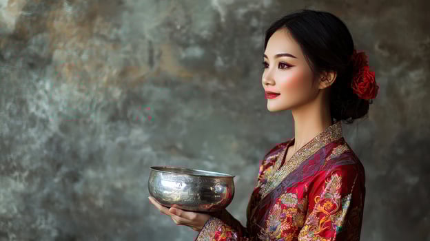 Asian woman in traditional dress holding a bowl photo