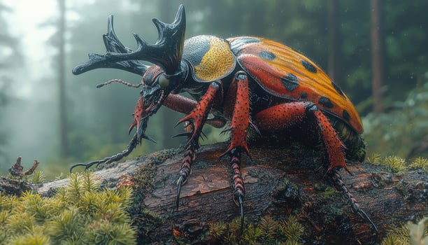 A Large Antlered Beetle In A Misty Forest photo