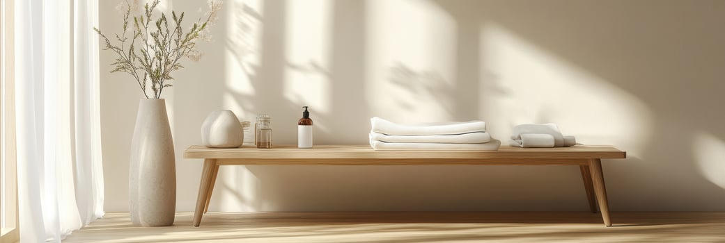 Minimalist bathroom vanity with light wood table, white towels, and natural decor in sunlit modern interior space. Spa accessory composition set in spa hotel photo
