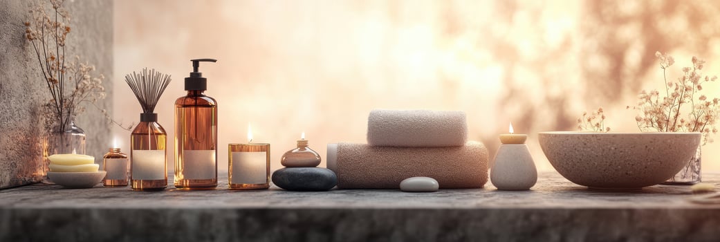 Serene spa setting with aromatherapy candles, essential oils, and soft towels on a rustic table for a relaxing wellness escape. Spa accessory composition set in spa hotel photo