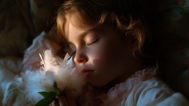 Young child peacefully sleeping with flowers in a serene setting during the evening light photo