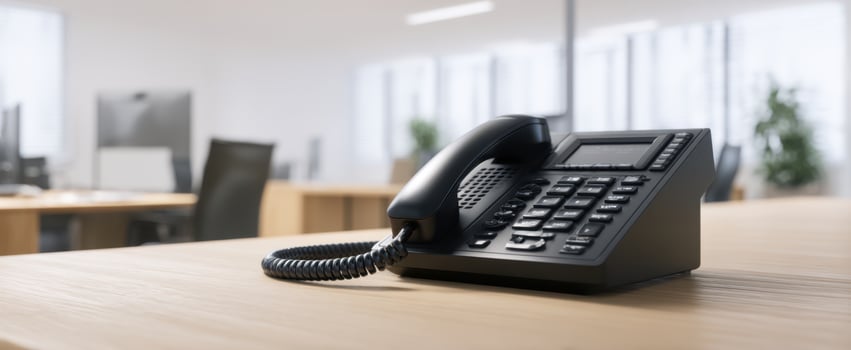 The sleek black telephone on a modern office desk. photo