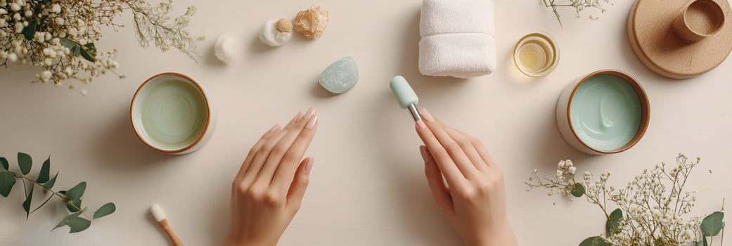 Young caucasian female preparing for relaxing home spa day with manicure tools and aromatherapy in serene natural setting for pampering. Spa accessory composition set in spa hotel photo