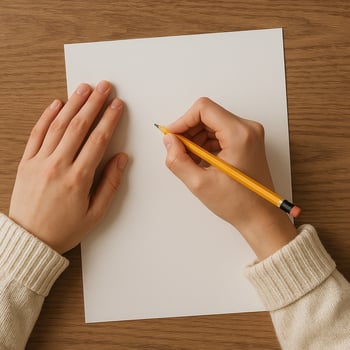 A person writing on a piece of paper with a pencil photo