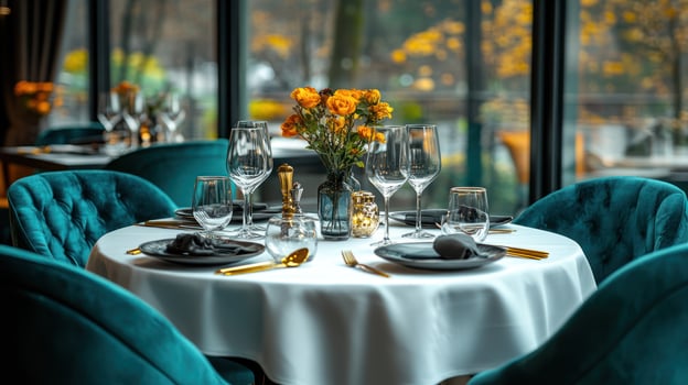 Elegant restaurant table setting with autumnal flowers photo