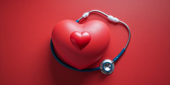 Heart with stethoscope on red background symbolizes health and wellness in medical care and heart health photo