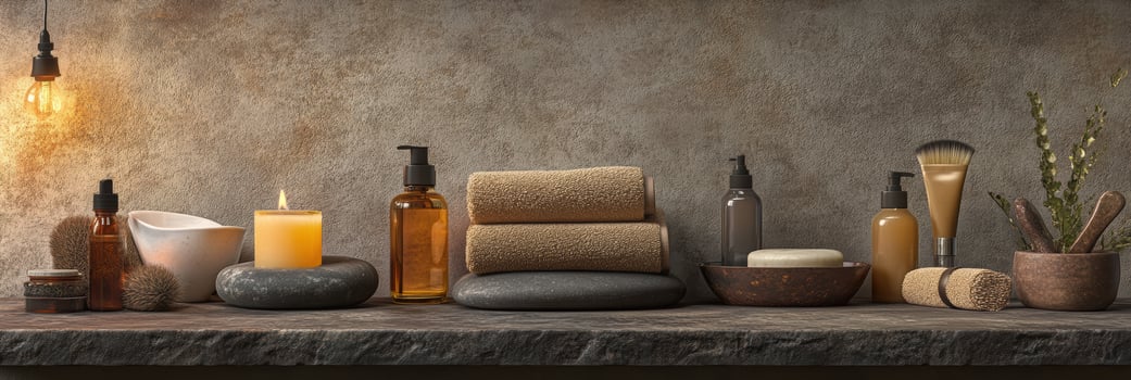 Luxurious bathroom spa set with towel stack, candles, and skincare products on rustic stone shelf illuminated by warm light glow. Spa accessory composition set in spa hotel photo