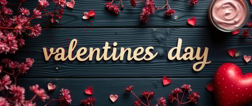 wooden surface displays Valentine's Day decorations and a creamy dessert. photo