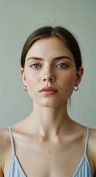 young woman gazes directly at the camera with a serene expression photo