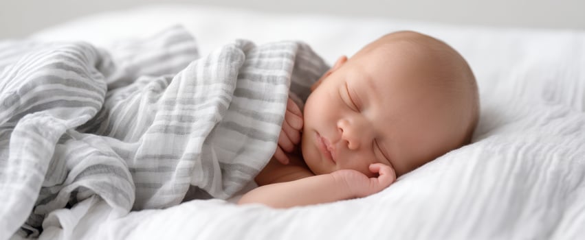 The peaceful sleeping baby wrapped in a soft gray blanket. photo