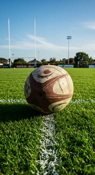 A rugby ball on the grass in a field photo