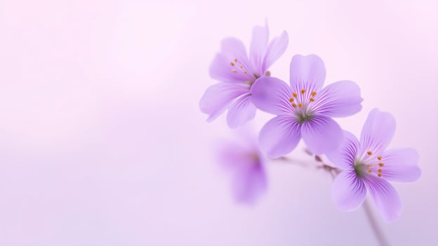 Delicate purple flowers with soft petals and vibrant stamens against a gentle pastel background showcasing floral beauty and tranquility concept photo