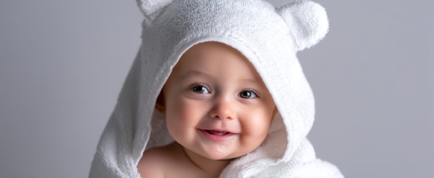 The adorable baby wrapped in a fluffy bear towel smiling joyfully. photo