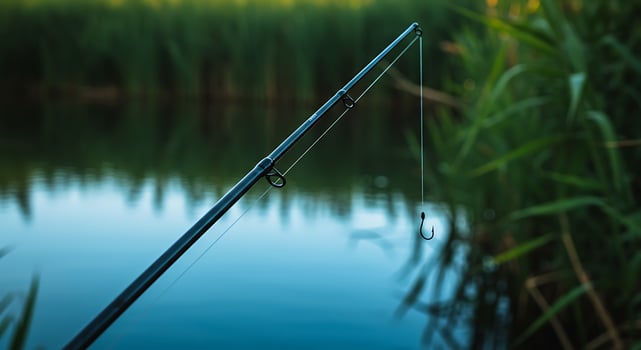 A fishing rod is sitting on the edge of a lake photo