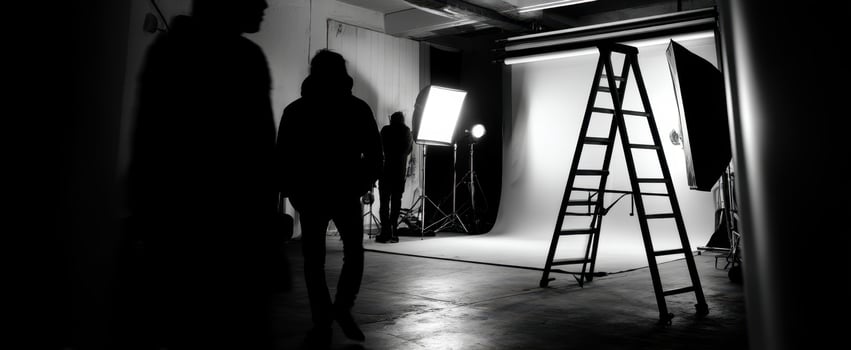 The dramatic studio setup featuring silhouettes and photography equipment in black and white. photo