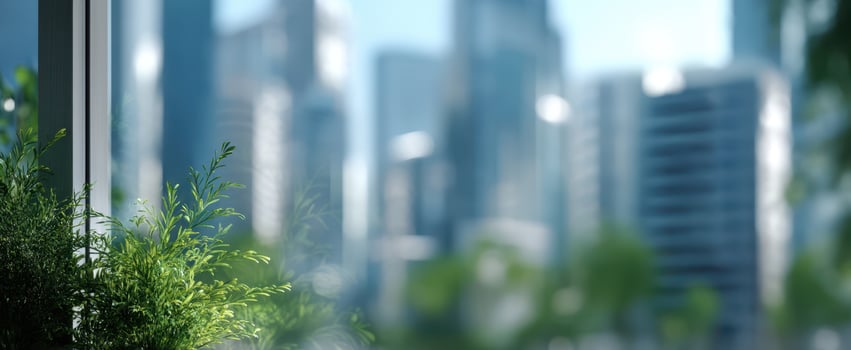 The serene greenery beside a modern cityscape in a bright urban environment. photo