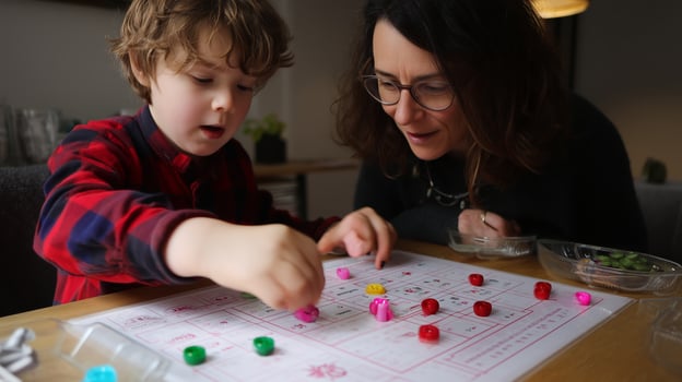 Engaging family activity with a child exploring colorful board game pieces at home in the afternoon photo