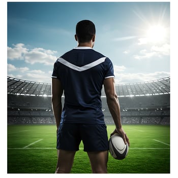 Rugby player standing on field with ball photo