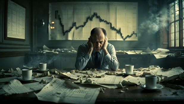 Businessman struggles with financial stress in a chaotic office environment during late hours photo