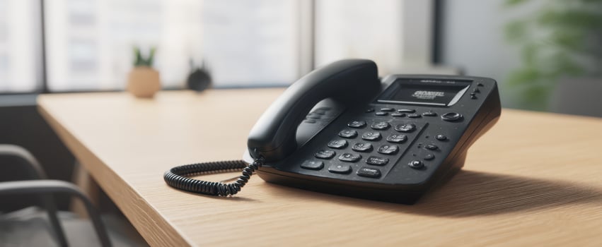 The classic black telephone on a wooden desk in a modern office environment. photo