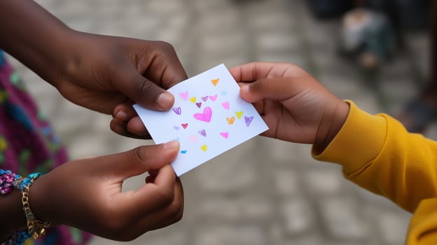 Two hands exchanging a colorful card with hearts and shapes in a vibrant community setting photo