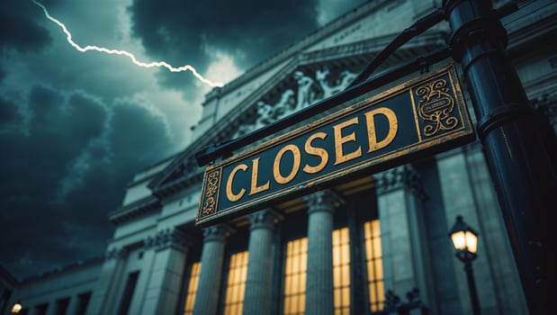 Stormy night revealing a closed building with dramatic lightning striking in the background and dark clouds looming overhead photo