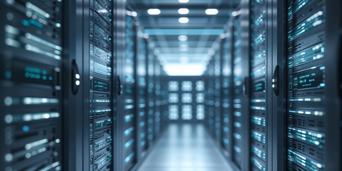 Server room with rows of network equipment and glowing components in a modern data center photo