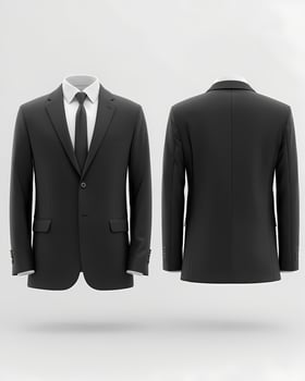 Black suit front and back view displayed on white background photo
