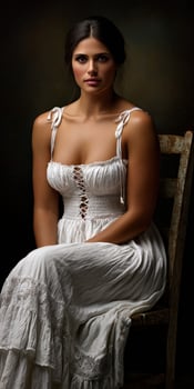 Model sitting gracefully in a white dress against a dark background photo