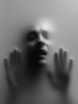 Person pressing hands against fogged glass with an emotional expression photo