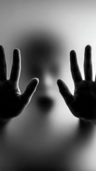 Shadowy figure behind frosted glass with hands pressed outward in a dark setting photo