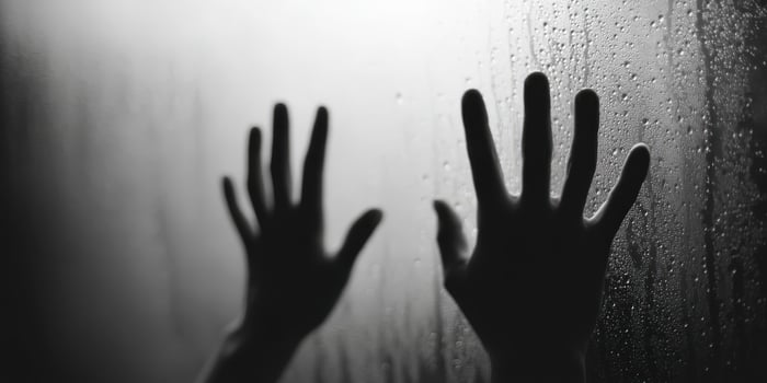Shadows of hands pressed against a foggy glass in dim light photo