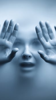 Woman pressing hands against a misted glass surface in a mysterious environment photo