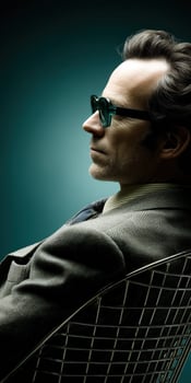 Man in glasses poses confidently in modern chair with green background photo