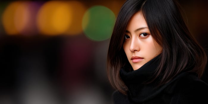 Captivating woman gazes thoughtfully amidst colorful city lights photo
