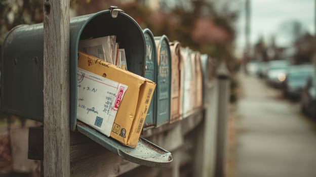 Overflowing mailbox filled with letters and packages on a suburban street photo