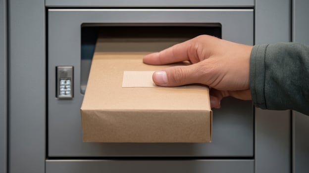 Hand reaches into secure package drop box to retrieve a waiting parcel during daylight hours photo