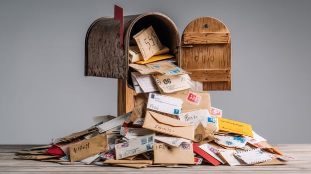Overflowing mailbox filled with letters and envelopes at home or office photo