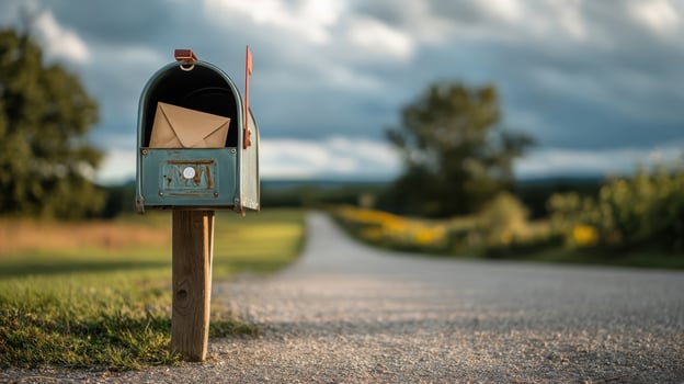 Padded envelope peeking out from a traditional mailbox along a rural road surrounded by green fields photo