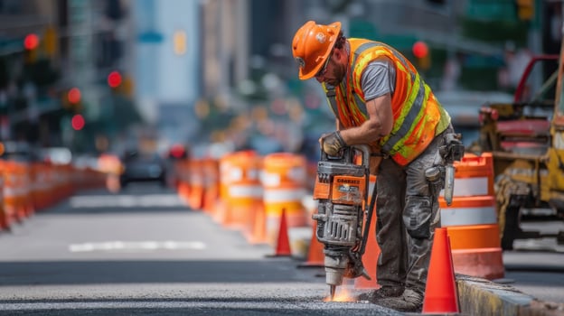Construction worker operates jackhammer on urban street with traffic barriers and cones in daylight photo