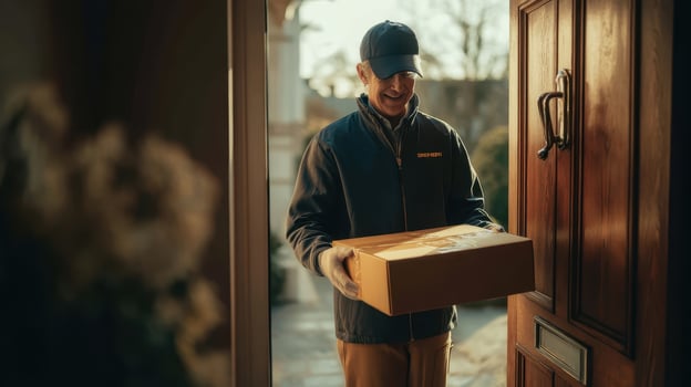 Courier in uniform delivers package gently at residential doorstep during golden hour photo