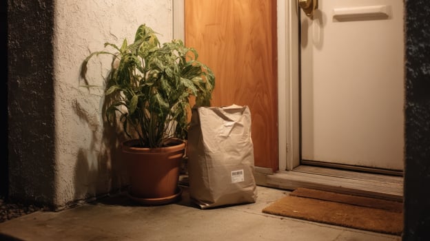 Package left discreetly behind a potted plant by the entrance of a home at night photo